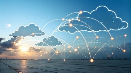 Digital clouds representing cloud migration with data points and network connections.