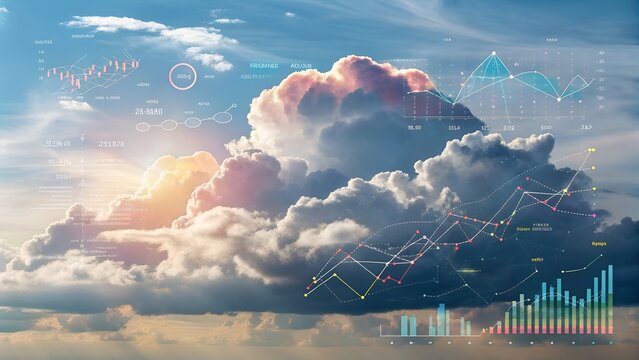 Digital cloud and data overlays on a sky background, symbolizing ai-powered weather prediction and climate modeling. - Powered by Adobe