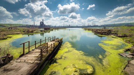 An abandoned industrial factory complex with a dilapidated pier and a polluted river covered in green algae under a blue sky
