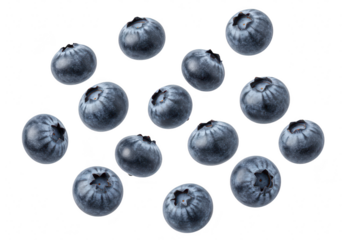 A group of fresh, ripe blueberries scattered and isolated on a transparent background, showcasing their natural texture and vibrant blue color
