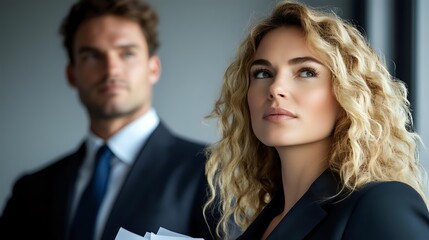 Young blonde businesswoman with curly hair and black blazer looking confidently ahead while male colleague in suit stands in background of modern office setting.