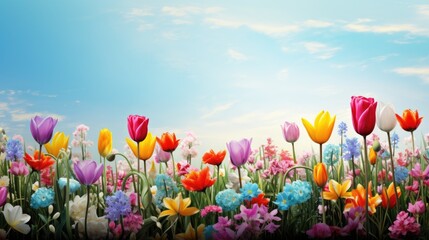 Colorful spring flowers on panoramic banner
