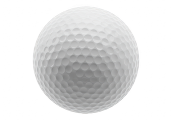 A closeup studio shot of a white golf ball with dimples, isolated on a transparent background, representing the sport of golf and its equipment