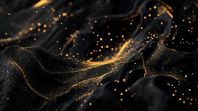 Abstract black and gold design with smooth flowing curves and sparkling elements