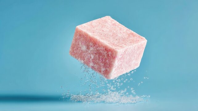 Pink rectangular bar falling into water.