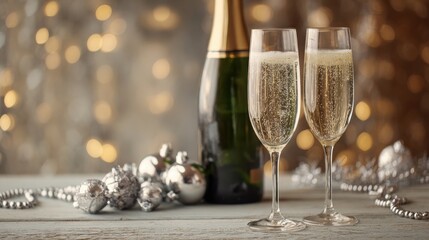 Elegant champagne celebration with festive decorations and twinkling bokeh lights