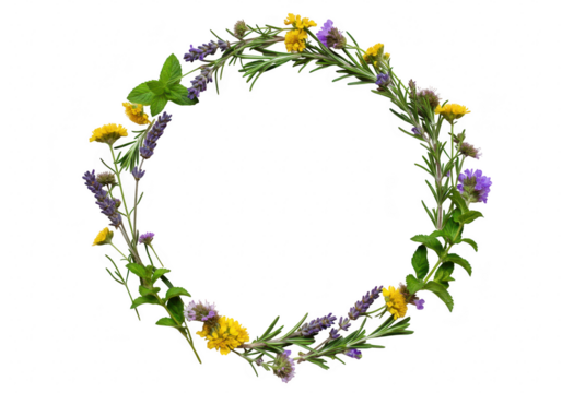 A beautiful herbal wreath made of lavender, mint, and other wildflowers, isolated on a transparent background, perfect for decoration or crafts