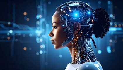 Futuristic AI Humanoid with Visible Neural Circuits in Head