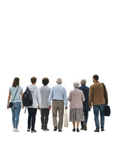 Obraz premium Diverse group of 5-7 individuals, late teens to elderly, walking away, backs shown, in casual attire against a pristine transparent studio background with diffused shadowless lighting and copy space,