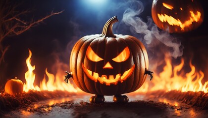 eerie cartoon pumpkin figure stands amidst fiery flames for halloween celebration