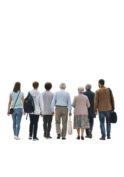 Diverse group of 5-7 individuals, late teens to elderly, walking away, backs shown, in casual attire against a pristine transparent studio background with diffused shadowless lighting and copy space,