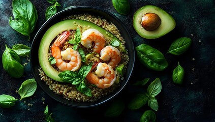 Grilled shrimp with quinoa, fresh avocado and basil leaves served in black bowl on dark background. Healthy protein-rich seafood meal for clean eating.