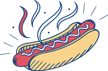 Realistic Hotdog Illustration for Food and Snack Designs. Tasty Hotdog Drawing with Condiments for Menu Artwork. Delicious Hotdog Clipart for Fast Food and Street Food Themes. Classic Hotdog Graphic