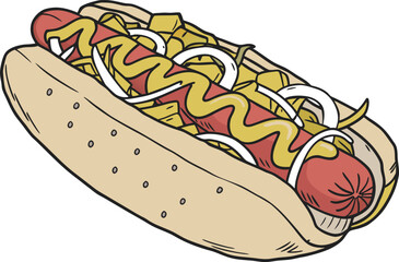 Realistic Hotdog Illustration for Food and Snack Designs. Tasty Hotdog Drawing with Condiments for Menu Artwork. Delicious Hotdog Clipart for Fast Food and Street Food Themes. Classic Hotdog Graphic
