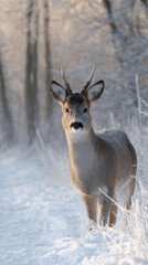 Obraz premium Frost covered deer with golden eyes standing in snowy forest