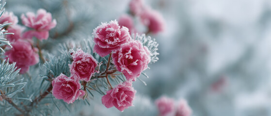 Naklejka premium Frost covered roses bloom in magical pine forest setting