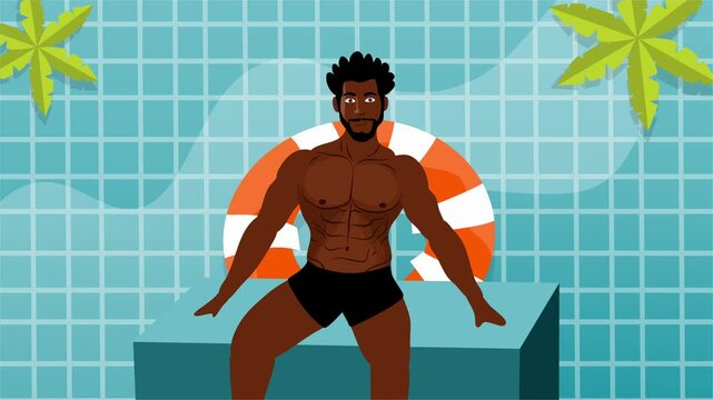 Animation of a muscular black man lifeguard standing with float ring