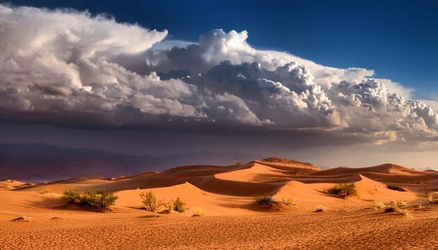 dramatic desert landscape with ominous cloud formation and expansive sand terrain capturing a sense of vastness and atmospheric tension