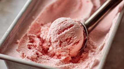 Strawberry ice cream scooped out of container