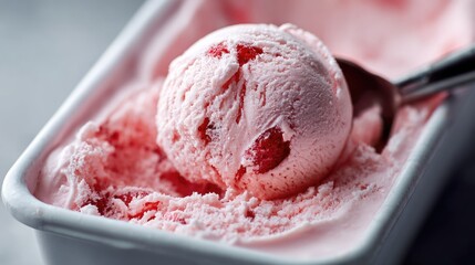 Strawberry ice cream scooped out of container