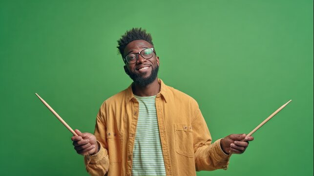 Smiling Conductor with Batons: A charismatic conductor, glasses gleaming, stands ready with batons in hand, against a vivid green backdrop, embodying musical passion and leadership.