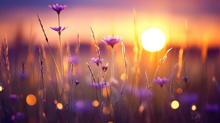 Wild flowers in a meadow at sunset