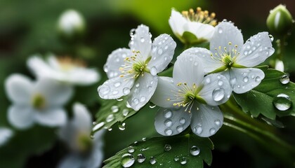 Obraz premium dew drops on plants close up macro photography water droplets on leaves white flowers lush green foliage nature photography botanical image
