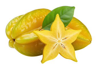 Fototapeta premium Fresh yellow starfruit, also known as carambola, isolated on a transparent background, showcasing its unique star shape and vibrant color
