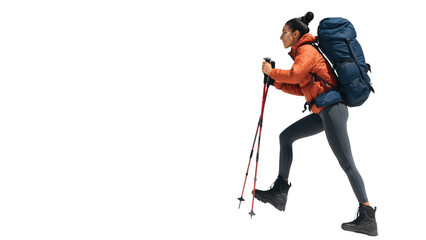 Woman hiking with poles and pack, created with AI, PNG