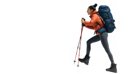 Woman hiking with poles and pack, created with AI, PNG