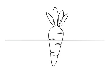 single line art of a fresh carrot with leafy top in minimalist black and white single-line art style