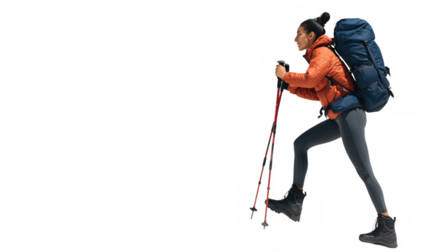 Woman hiking with poles and pack, created with AI, PNG
