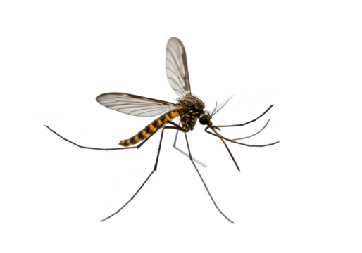 Closeup of a mosquito isolated on transparent background, showcasing its intricate details including wings, legs, and striped body