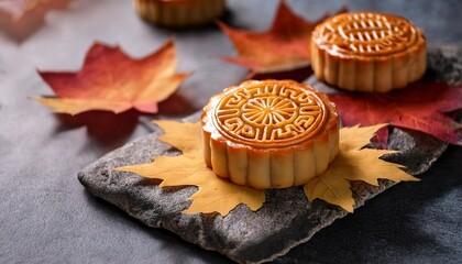 delicious mooncakes on a decorative stone garnished with vibrant maple leaves the mooncakes with their intricate patterns offer a glimpse of cultural celebrations and culinary artistry