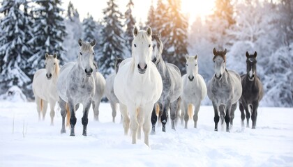 Elegant horses in a snowy forest landscape with sunlight filtering through trees