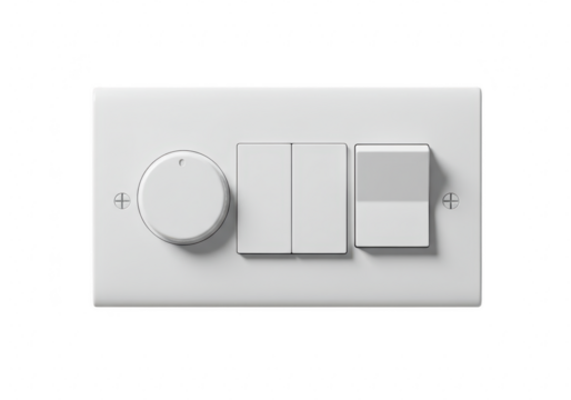 Modern white electrical light switch with dimmer control and two buttons, isolated on transparent background