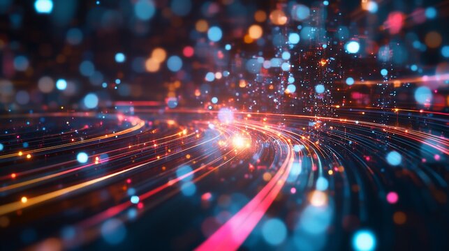 Abstract digital landscape with glowing lines and bokeh, showcasing technology data flow