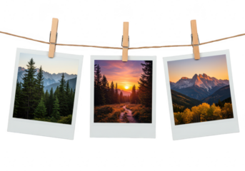 Three polaroid photos of mountain landscapes with forests and sunsets hanging on a clothesline isolated on transparent background