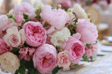Chic display of delicate pink peonies and vibrant roses for luxurious floral décor and romantic atmospheres in event planning and interior design