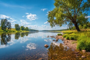 Serene summer view of ural river framed by lush trees, ideal for nature lovers and outdoor adventurers seeking peaceful backdrops for travel and exploration themes