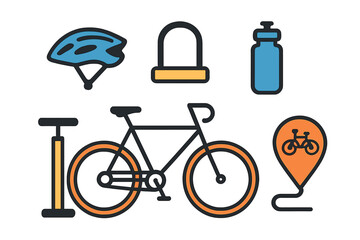 Cycling gear and accessories displayed with a bicycle in a vibrant, minimalist style