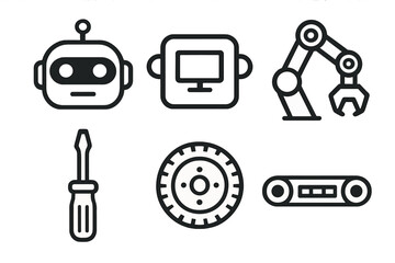 Fototapeta premium Different types of technology tools and equipment including robot, monitor, robotic arm, screwdriver, saw blade, and conveyor belt