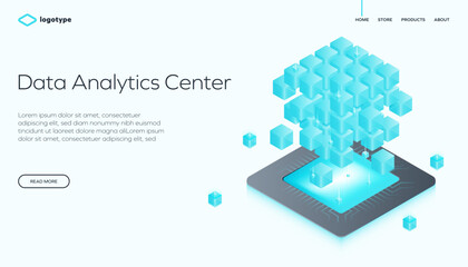 Abstract big data analytics center with processor, computing technology. Network infrastructure website layout template. Isometric vector illustration.