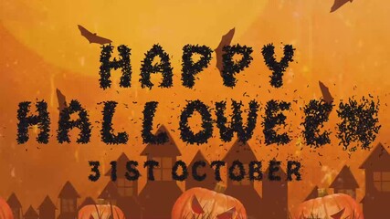 Halloween Title Card: 'Happy Halloween 31st October' with Orange Sky, Houses, and Bats