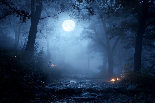 cryptic forest presenting moonlit path vapor and ominous halloween backdrop hint

