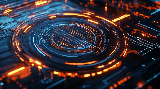 Abstract technology concept with glowing lines and circular patterns in shades of orange and blue