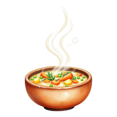 Vegetable soup with warm dish, isolated, and bowl.