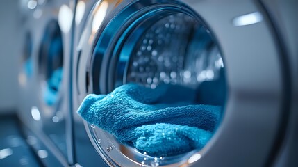 Clean blue towels visible through washing machine door with circular window, showing fresh laundry in modern laundromat setting with soft focus background.