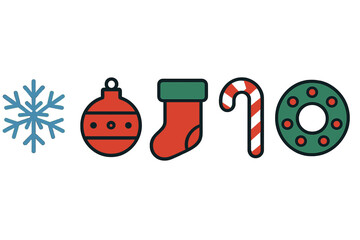 Colorful Christmas decorations featuring snowflakes, ornaments, stockings, candy canes, and wreaths in a festive arrangement for holiday cheer