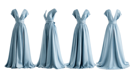 Four light-blue, formal gowns with v-necks and flowing skirts